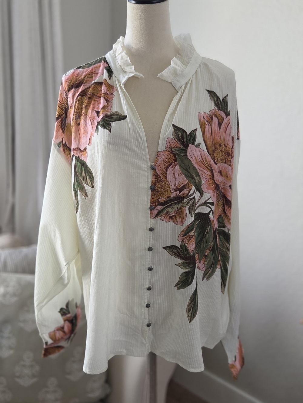 Anthropologie Ivory Button-Front Blouse with Pink Floral Print